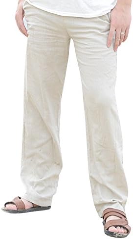 Mens Casual Linen Pants Baggy Plus Size Beach Pants Elastic Waist