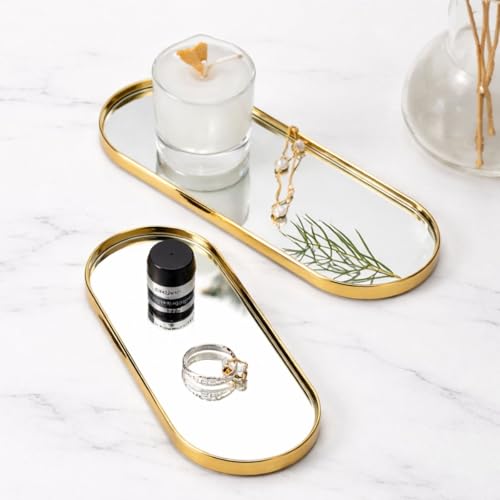 Bandeja Oval Espelhada Dourada Decorativa para Organização e Decoração