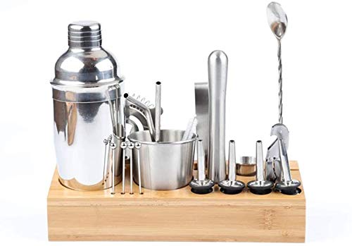 LKNJLL Barkeeper Kit mit stilvollen Bambusständer - Schöner Edelstahl Cocktail Shaker Set mit Nirosta Bar-Tool.Perfektes… – Bild 4