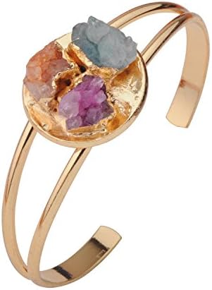 Joyagift Any combination Different 3 Color Natural Gemstone Crystal Cluster Gold Copper Cuff Bracelet
