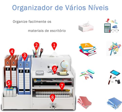 Organizador de Mesa com Gavetas,Organizador de Escritorio Oficina para Papéis, Material de Escritório e Papelaria, Bandeja de Mesa Branca para Artigos de Papelaria