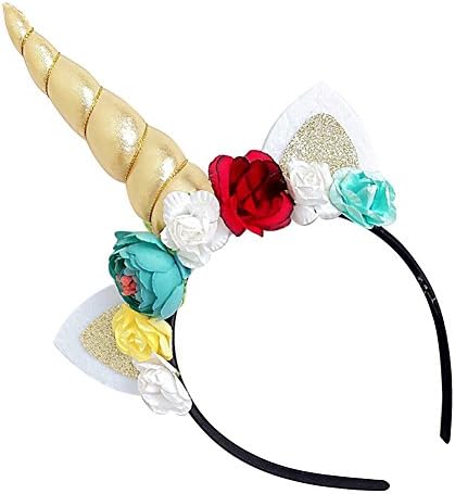 Girls Unicorn Horn Headband Birthday Headbands Rose Flower Hair Hoop Kids Unicorns Party Supplies (Gold)
