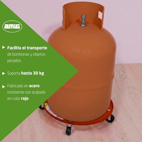 - Suporte para cilindros de butano - Carrinho de transporte com 4 rodas girais - Diâmetro Ø31cm - Carga máxima 30kg - Suporte para tambores e panelas - Cor laranja - Aço de liga