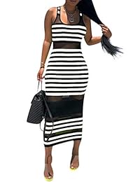 Blansdi vestido sin mangas con estampado de rayas, de malla transparente, para mujer