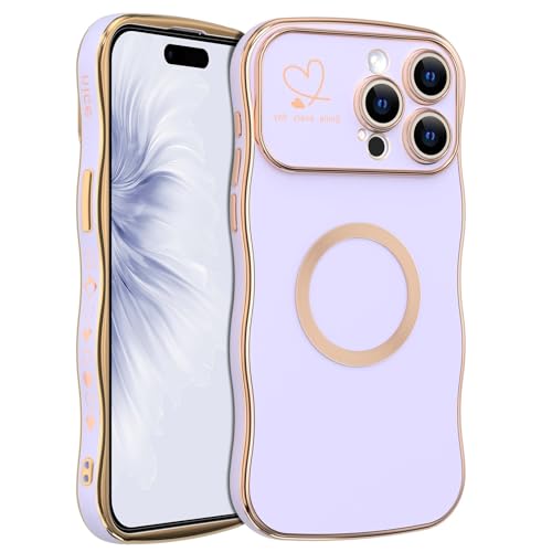 Meshine for iPhone 16 Pro Max Case,[Compatible with MagSafe][Build-in Camera Lens],Magnetic Curly Wavy Frame Shockproof Cute for Women Girls Cover for Apple iPhone 16 Pro Max 6.9 Inch,Lavender