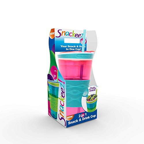 Snackeez Travel Snack & Drink Cup with Straw, Pink, Large (Pack of 1