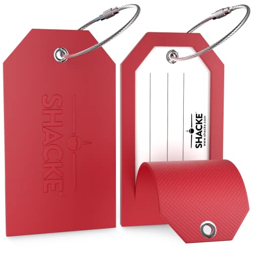 Shacke Large Luggage Tags (2pcs) with Privacy Cover and Steel Loops (Red)