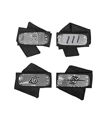 Naruto Headband with Metal Plated Cosplay Leaf Village Sand Veil Akatsuki Yahiko (Black,Pack of 4)