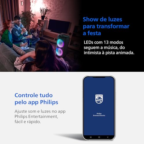 PHILIPS, Caixa de Som Bluetooth Party Speaker, TAX4000/78, com Luzes LED, entradas USB, Auxiliar, Microfone/Guitarra e Alça para Transporte