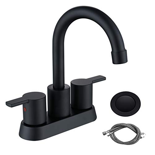 RKF Swivel Spout Two-handle Centerset bathroom faucet Lavatory faucet with pop-up drain with overflow and CUPC water supply lines,Matte Black,BF015-9-MB