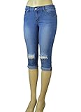 LnLClothing Junior's Low Rise Distress Denim Capri Pants, Light Blue, 1