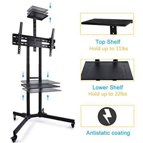 Heavy Duty Support 140 lbs TV Cart, Antistatic Coating Mobile TV Stand Fits 32-65” LED LCD Plasma Flat Screen 43-63” Adjustable Trolley-Mobile TV Mount with Wheels & 2 Organize Shelves - Thumbnail 2