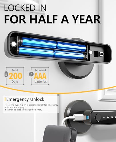 Amerdeco Smart Fingerprint Door Lock, Biometric Keyless Entry Door Lock with APP - Cards - Backup Key - Fingerprints - Codes for Bedroom Hotel Office Apartment and More(Black)