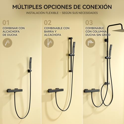 Auralum Grifo Termostático de Ducha, Cuerpo Frío Antiquemaduras con Botón de Seguridad 38°C, Mezclador Termostático de Pared, Cartucho Antical, Centros Ajustables 135-165 mm, Salida G1/2'', Negro