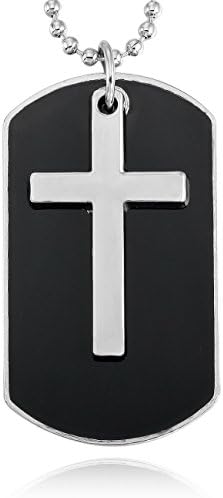 MOWOM Silver Tone Black Alloy Enamel Pendant Necklace Cross Dog Tag Army Style