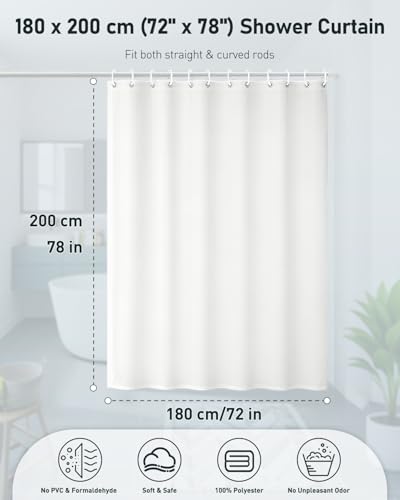 Uniclife Shower Curtain White, 180 x 200 cm Fabric Shower Curtain for Bathroom, Waterproof Polyester Bath Curtain with 12 Rust Resistant Grommets & Weighted Hem for Bathtub