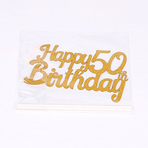 PALASASA Single Sided Glitter Happy Birthday Cake Toppers Decorations Tool Party Supplies (50th Gold)
