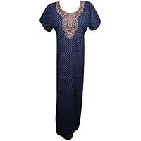 Mogul Interior Women's Lounger House Dress Embroidered Cotton Blue Nightgown L