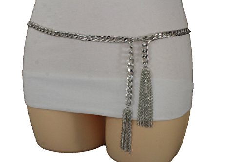 TFJ Women Fashion Metal Chains Belt Hip Waist Wrap Around Fringes Plus M L Silver