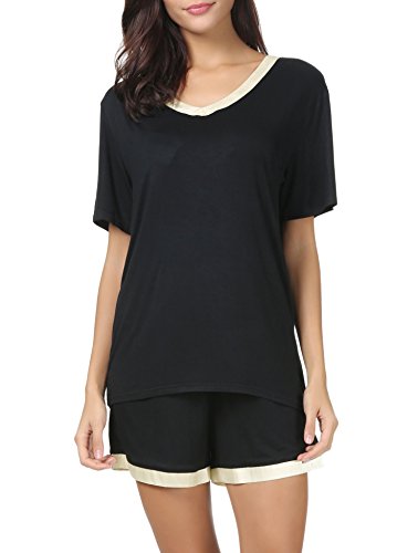 Invug Women Short Sleeve T Shirt and Shorts Pajamas Sleepwear Set Loungewear Black XXL