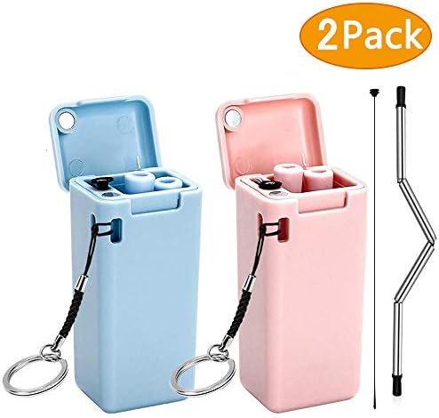Evance Collapsible Reusable Straw, Folding Drinking Stainless Steel and Food-Grade Silicone Portable Set with Hard Case Holder Cleaning Brush for Travel, Household, Outdoor (Pink + Blue)