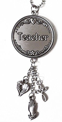 Cool & Custom {1.5" Chain Hang} Single Unit of Rear View Mirror Hanging Ornament Decoration Made of Zinc Alloy w/ Round Circle Cute Teacher Text Fancy Plate & Charms Design [Jeep Silver Colored]