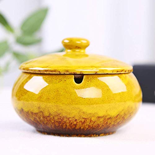 Lependor Ceramic Ashtray with Lids, Windproof, Cigarette Ashtray for Indoor or Outdoor Useï¼ŒAsh Holder for Smokers,Desktop Smoking Ash Tray for Home Office Decoration - Yellow