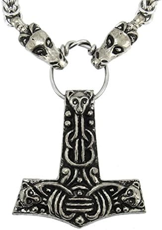 Handmade Viking Faroese Thor's Hammer Pewter Pendant with Dragon Head Necklace (Chain Length 70 cm)