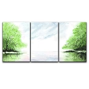 3 Panel Canvas Wall Art - Watercolor Style Trees Calm Lake - Giclee Print Gallery Wrap Modern Home Art Ready to Hang - 16"x24" x 3 Panels
