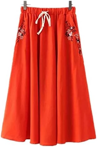 Season Show Women's Spring Summer Cotton Linen Candy Color Maxi Pleated Skirt Orange One Size