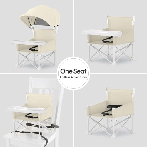 Portable Baby Chair, Foldable Toddler Booster Seat, with Removable Tray, Canopy and Safety Harness, Baby Sit up Chair, Portable Seat for Kitchen Chair (Beige)