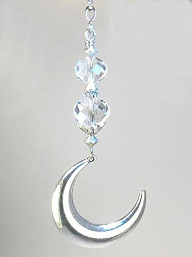 Large Silver Crescent Moon &amp; Crystal Clear Faceted Glass Ceiling Fan Pull Chain