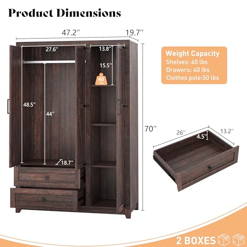 Jocisland Farmhouse 3 Door Wardrobe Closet with 2 Drawers & Hanging Rod, 47" Large Armoire Storage Cabinet with Adjustable Shelves, Freestanding Clothing Organizer for Bedroom, Barnwood Brown