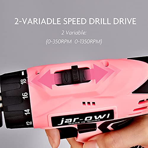 jar-owl 21V Pink Tool Set with Drill, Cordless Drill/Driver Set with 3/8 Inch Keyless Chuck,1.5AH 2PCS Battery and Charger for Home Tool Kit