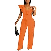 HBQ Womens Casual One Piece Jumpsuits V-Neck Sleeveless Ruffle Backless Belted Elegant Romper Wide Leg Pant Sexy Party Clubwear Overalls-Orange-XL