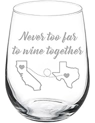 Engraved Best Friend Wine Glass Never Too Far To Wine Together White Red Wine Custom Personalized Long Distance Friendship Gift (Stemless 17 oz)