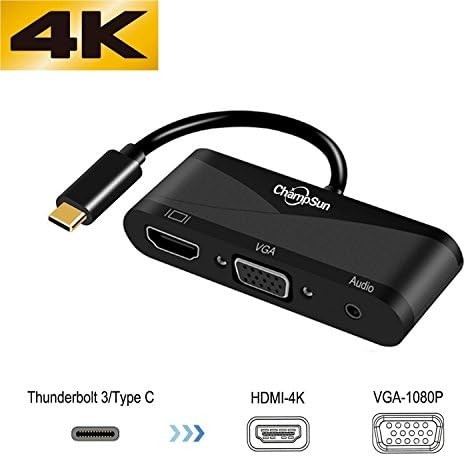 USB C to HDMI VGA Audio Adapter,ChampSun USB3.1 Type C Male to HDMI 4K VGA 1080P Female Adaptor Thunderbolt 3 Monitor Converter for Samsung S8,the New MacBook, ChromeBook - Black