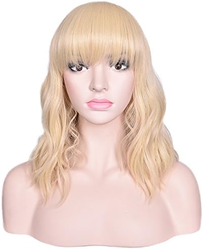 Deifor Women Medium Length Curly Body Wave Synthetic Hair with Flat Bang Wigs (Bleach Blonde)