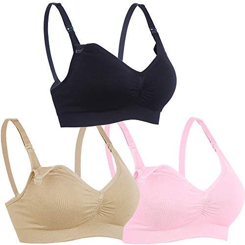 BAOMOSI 3PACK Womens Maternity Nursing Bra for Breastfeeding Comfort Seamless Padded Bras Black Beige Pink Large