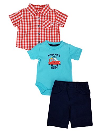 Little Wonders Infant Boys 3 Piece Baby Outfit Mommys Hero Shirt Pants & Fire Truck Bodysuit