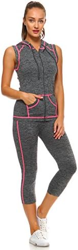 Missfit Junior’s Active Performance Yoga Capris &amp; Sleeveless Hoodie Jacket Tracksuit (L-XL, Pink)