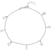 Vanbelle Sterling Silver Jewelry - Rhodium Plated 925 Stamp - Dangling Open & Close Stars Anklet - Stylish Beautifully Designed for Women - 9" long + 1" extender