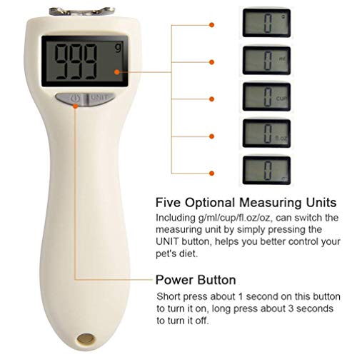 HAICHEN TEC Pet Food Measuring Scoop, Precise Dog Food Measuring Cup Five Measuring Units,Detachable, Cat Food Digital Scale Spoon with LCD Display for Measuring Pets Food (White)