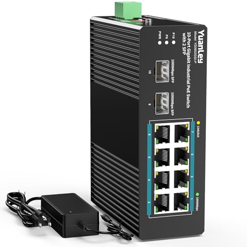 YuanLey 10-Port Industrial Switch with 8 Gigabit PoE Ports & 2 SFP, Unmanaged PoE Switch with 120W Source, IEEE802.3af/at, VLAN & RSTP, DIN-Rail for IP Cameras, Ap