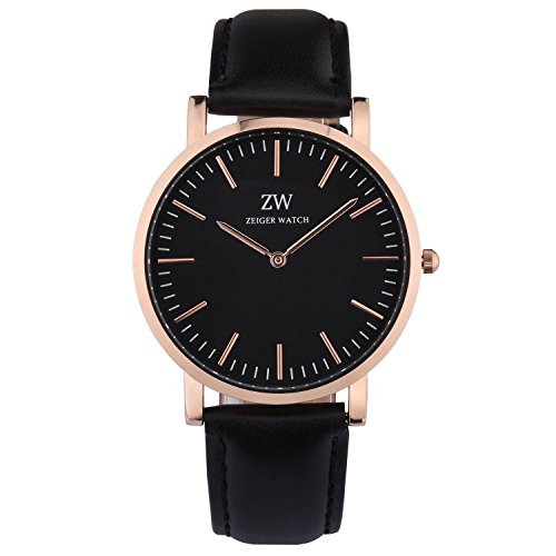 Zeiger New Mens Women Fashion Casual Business Black Dial Analog Quartz Watch with Leather Band (Black and Rose Gold)