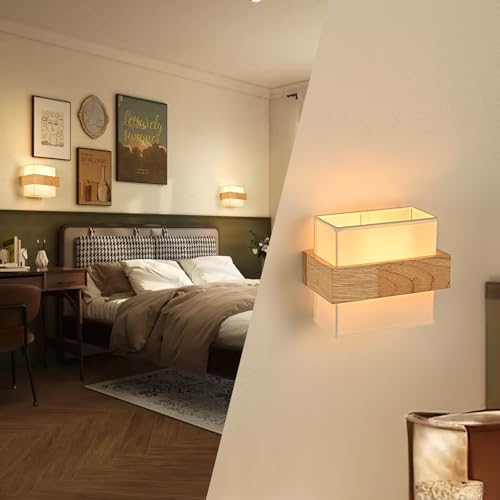 Gleonlux Vintage Interior Wall Light, Industrial Wood Wall Light E14, Retro Wall Lamp Fabric Lampshade, Sconces for Bedroom, Hallway, Living Room, Stairs, Bulb Not Included, Square