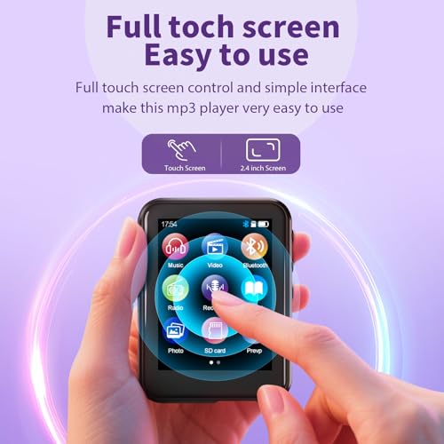 QNGEE 64GB MP3 Player with Bluetooth 5.3, 2.4" Touch Screen, FM Radio, Voice Recording, Hi-Fi Sound, E-Book Function, Memory Expansion up to 512GB + Grey Case