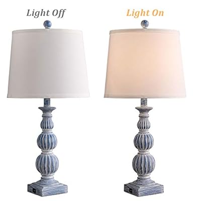 LOKHOM USB Table Lamp Set of 2, 26" Bedside Nightstand Lamp with Dual USB Ports, Antique Coastal Farmhouse Table Lamp for Bedroom Living Room Vintage Retro Rustic Resin Classic Blue Bedside Desk Lamps 418N5TmIDJL