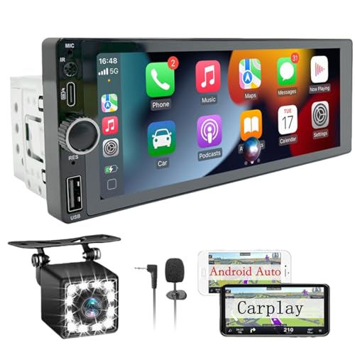1 DIN Stereo with Screen, 6.86 Inch Touchscreen Car Radio Carplay 1 Din, Car Play Radio Supports Mirror Link with Rear Camera, Support Type-C Charging/USB/Mic/EQ/SWC