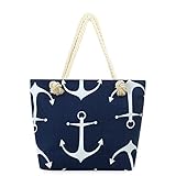 MISS FANTASY Beach Bag Anchor Print Beach Tote Large Canvas Summer Tote with Zipper Good for Beach and Travel (Navy Blue)